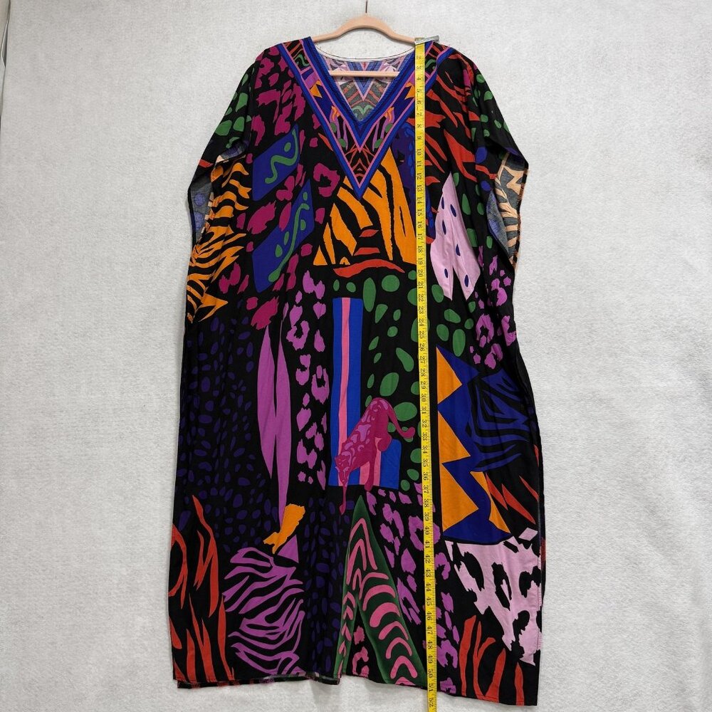 Animal Print Kaftan Dress Womens One Size Multicolor V Neck Boho Maxi Flowy - Picture 2 of 5